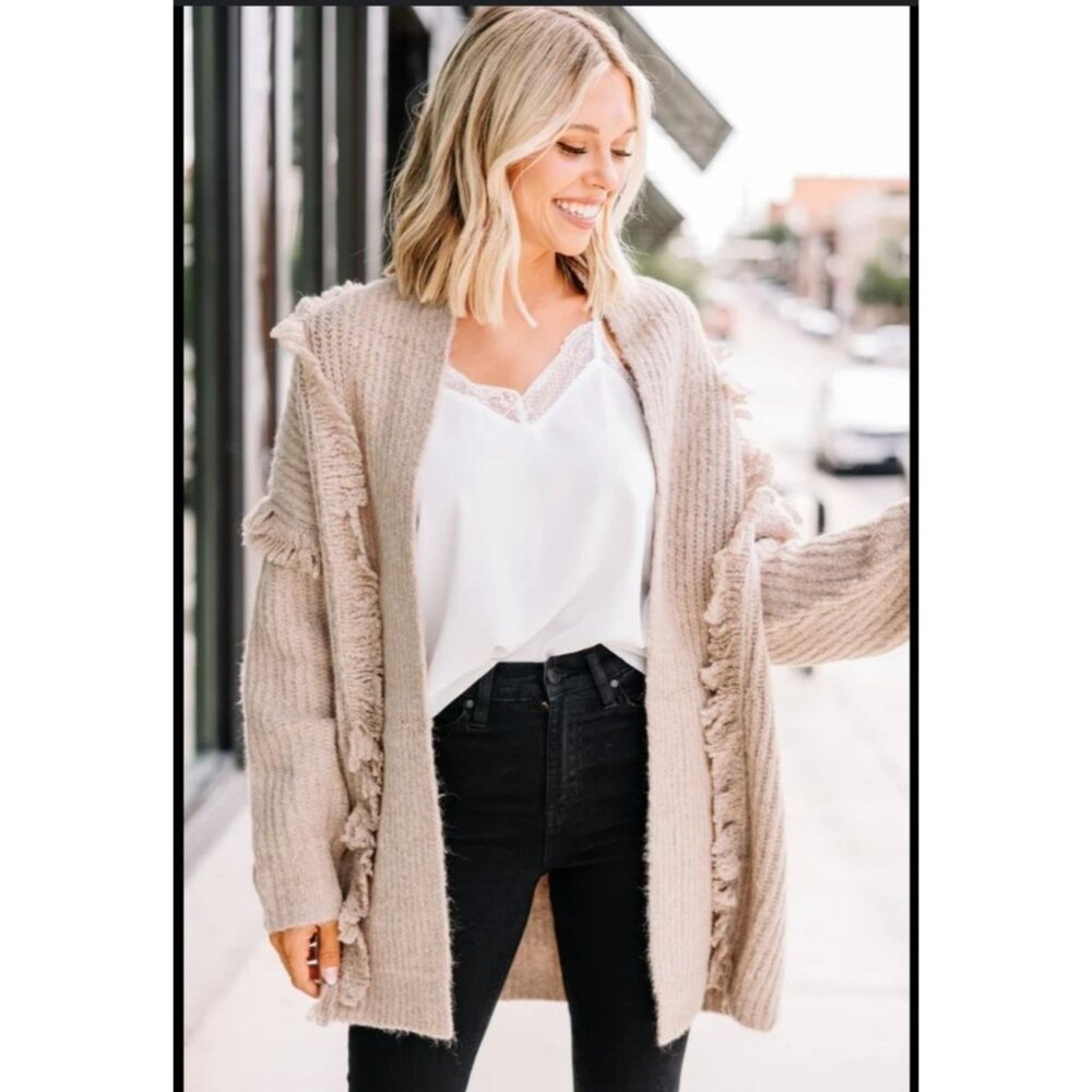 Anthropologie oversize Fringe Ribbed open front boho Cardigan Sweater XS / S